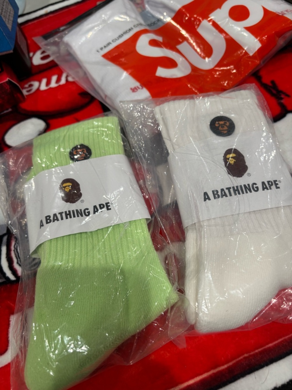 Bape Crew Socks in Lime Green & White